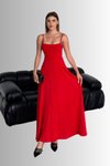 Kırmızı Uzun İp Askılı Gipeli Alt Kısmı Geniş Şık Elbise