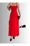 Kırmızı Uzun İp Askılı Gipeli Alt Kısmı Geniş Şık Elbise