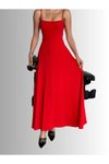 Kırmızı Uzun İp Askılı Gipeli Alt Kısmı Geniş Şık Elbise