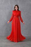 Kırmızı Uzun Kol Kemerli Pullu Tesettür Abiye Elbise