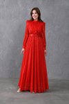 Kırmızı Uzun Kol Kemerli Pullu Tesettür Abiye Elbise