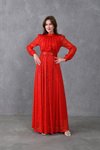 Kırmızı Uzun Kol Kemerli Pullu Tesettür Abiye Elbise