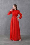 Kırmızı Uzun Kol Kemerli Pullu Tesettür Abiye Elbise