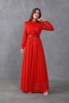 Kırmızı Uzun Kol Kemerli Pullu Tesettür Abiye Elbise