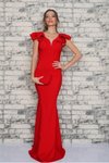 Kırmızı Uzun Omuz Detaylı Balık Abiye Elbise