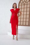 Kırmızı Uzun Omuz Volanlı Yırtmaçlı Kemerli Kalem Abiye Elbise