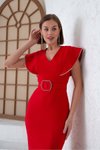 Kırmızı Uzun Omuz Volanlı Yırtmaçlı Kemerli Kalem Abiye Elbise