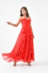 Kırmızı Uzun Straplez Transparan Volan Detay Tasarım Abiye Elbise