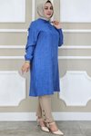Koyu Mavi Omuzlardan Kollara Düğme Detay Tunik