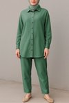 Koyu Yeşil Boydan Düğmeli Pantolon Gömlek Keten İkili Takım