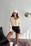 Krem Kapüşonlu Fermuarlı Şardonlu Crop Hırka Sweatshirt