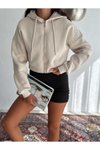 Krem Kapüşonlu Fermuarlı Şardonlu Crop Hırka Sweatshirt