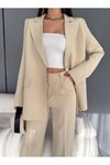 Krem Palazzo Pantolon Kruvaze Ceket İkili Takım