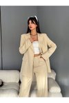 Krem Palazzo Pantolon Kruvaze Ceket İkili Takım