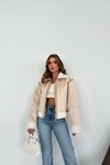 Krem Peluş Detaylı Nubuk Biker Mont