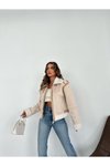 Krem Peluş Detaylı Nubuk Biker Mont