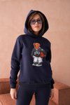 Lacivert Ayıcık Desenli Üç İplik Şardonlu Ve Kapüşonlu Sweatshirt