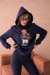 Lacivert Ayıcık Desenli Üç İplik Şardonlu Ve Kapüşonlu Sweatshirt