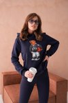 Lacivert Ayıcık Desenli Üç İplik Şardonlu Ve Kapüşonlu Sweatshirt
