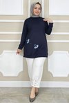 Lacivert Çiçek Dikme Detaylı Tunik