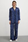 Navy Blue Striped Elastic Waist Shirt and Pants Set