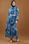 Navy Patterned Belted Modest Dress