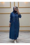 Lacivert Fermuarlı Kapüşonlu Cep Detaylı Denim Kot Kap Pardesü