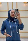 Lacivert Fermuarlı Kapüşonlu Cep Detaylı Denim Kot Kap Pardesü