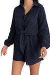 Lacivert İkili Önden Bağlama Detaylı Şort Gömlek %100 Pamuk Müslin Takım