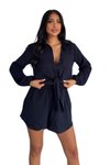 Navy Blue Double Front-Tie Detail Shorts Shirt 100% Cotton Muslin Set
