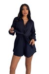 Lacivert İkili Önden Bağlama Detaylı Şort Gömlek %100 Pamuk Müslin Takım