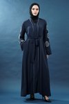 Lacivert İnci Detaylı Fermuarlı Kuşaklı Abaya