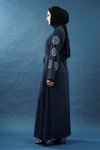 Lacivert İnci Detaylı Fermuarlı Kuşaklı Abaya