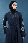 Lacivert İnci Detaylı Fermuarlı Kuşaklı Abaya