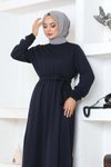 Lacivert Kuşak Detaylı Tesettür Elbise