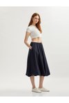 Lacivert Midi Standart Bel Pamuklu Kloş Etek