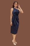 Lacivert Midi Tek Omuz Askılı Düğüm Detaylı Kuşaklı Saten Abiye Elbise