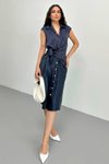 Lacivert Midi Yazlık Ofis Düğüm Detaylı Elbise