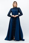 Lacivert Payetli Drapeli Saten Tesettür Abiye Elbise