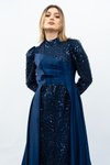 Lacivert Payetli Drapeli Saten Tesettür Abiye Elbise