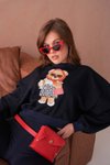 Lacivert Teddy Bear Crop Ayıcıklı Sweat Şardonsuz İnce Tasarım İplik Sweatshirt