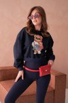 Lacivert Teddy Bear Crop Ayıcıklı Sweat Şardonsuz İnce Tasarım İplik Sweatshirt