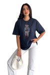 Navy Blue Teddy Bear Special Stone Embellished Design Oversize Comfortable Cut T-Shirt