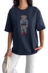 Lacivert Teddy Bear Özel Taş İşlemeli Tasarım Oversize Rahat Kesim T-Shirt