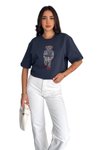 Lacivert Teddy Bear Özel Taş İşlemeli Tasarım Oversize Rahat Kesim T-Shirt