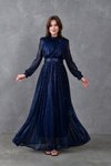 Lacivert Uzun Kol Kemerli Pullu Tesettür Abiye Elbise