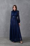Lacivert Uzun Kol Kemerli Pullu Tesettür Abiye Elbise