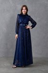 Lacivert Uzun Kol Kemerli Pullu Tesettür Abiye Elbise