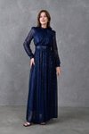 Lacivert Uzun Kol Kemerli Pullu Tesettür Abiye Elbise