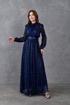 Lacivert Uzun Kol Kemerli Pullu Tesettür Abiye Elbise